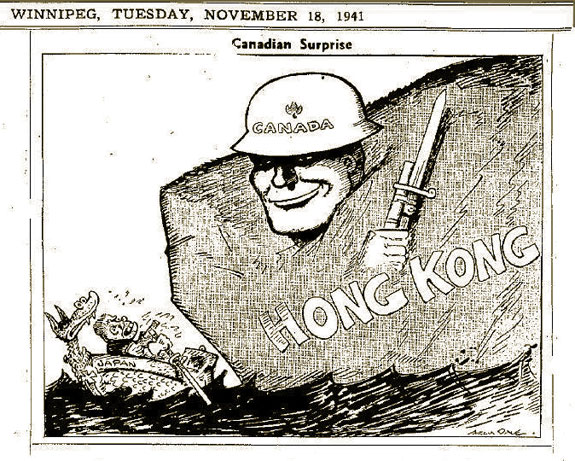 Caricature politique du Winnipeg Free Press au sujet du déploiement des Forces canadiennes à Hong Kong, en novembre 1941. Comme on l'a vu par la suite, l'optimisme n'était pas justifié.