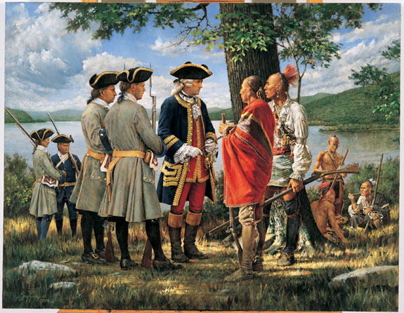 Dans le tableau Council with the Allies de Robert Griffing, on voit Montcalm discuter avec des Autochtones.