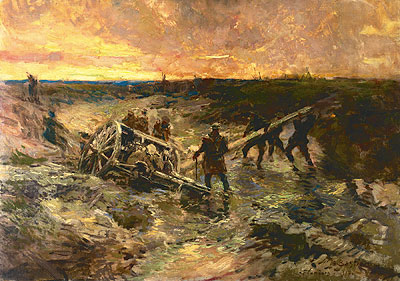 Artilleurs canadiens dans la boue, Passchendaele, 1917, par le lieutenant Alfred Bastien, collection du Musée canadien de la guerre