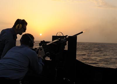 Machine gun training while on patrol in the Mediterranean Sea