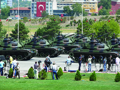 Turkish M60 tanks drive past during the Victory Day parade.
