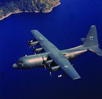 A CC-130 Hercules in a maritime setting off Canada’s west coast.