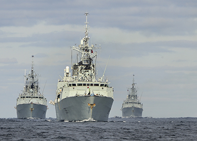 HMCS Athabaskan leads this formation, followed by HMCS Montréal (left), then HMCS Charlottetown (centre) and HMCS Fredericton (right) during a Task Group exercise conducted in the Atlantic Ocean in 2010.