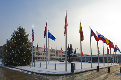 Quartier général de l’OTAN, à Bruxelles, sous la neige, le 2 décembre 2010.