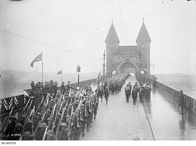 The 22nd Canadian Infantry Battalion crossing the Rhine River at Bonn, December 1918.