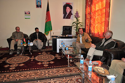 Wayne Wouters, Clerk of the Privy Council, Ahmadullah Nazak, Dand District Governor, Tim Martin, Representative of Canada to Kandahar, and William Crosbie, Ambassador of Canada in Afghanistan, hold a meeting, 12 January 2011.