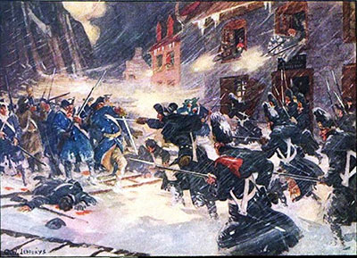 Des miliciens canadiens et des soldats britanniques repoussent l’assaut des troupes américaines sur Sault-au-Matelot, à Québec, le 31 décembre 1775. Une toile de Charles William Jefferys (1869-1951).