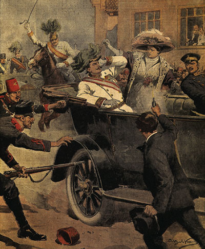 Assassination of Franz Ferdinand, Archduke of Austria, and his wife Sophie, in Sarajevo, Bosnia, 28 June 1914, at the hands of Gavrilo Princip, by Achille Beltrame.