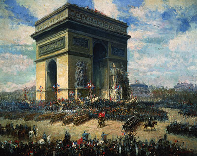 Des troupes canadiennes défilent autour de l’Arc de triomphe, à Paris, dans le cadre du défilé pour marquer la victoire alliée. Une peinture du lieutenant Alfred Bastien.