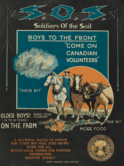Soldiers of the Soil. The Canada Food Board issued this poster in a national appeal for farm labour. It asked boys aged 15 to 19 to volunteer their summers as “Soldiers of the Soil” on farms desperately short of labour. 22,385 ‘soldiers’ would serve, replacing farm hands who had enlisted for military service.