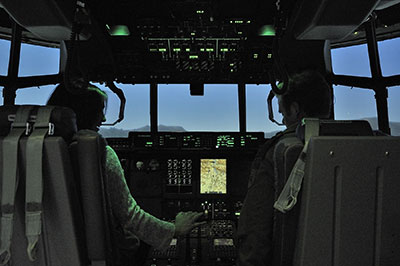 Cockpit of the CC-130J Hercules flight simulator at the new Air Mobility Training Centre in Trenton, Ontario.