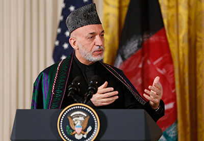 Le prsident afghan Karza prend la parole lors dune confrence de presse conjointe  la Maison Blanche  Washington, le 11 janvier 2013. 