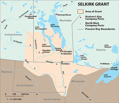 Map of the Red River Settlement, the approximate boundaries being determined by the Selkirk Grant of 1811. Fort Gibraltar was renamed Fort Garry in 1822.