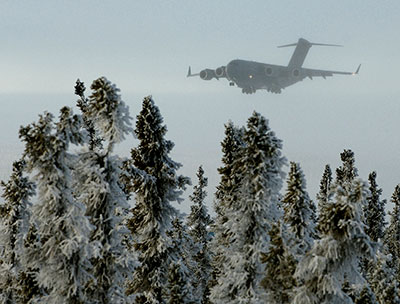 A CC-177 Globemaster III lands in Inuvik to deliver supplies and equipment for the Forward Operating Location (FOL).
