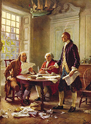 Benjamin Franklin, John Adams, and Thomas Jefferson (left-to-right) writing the Declaration of Independence, 1776. Painting by Jean Léon Jérôme Ferris