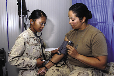 female doctor taking blood pressure