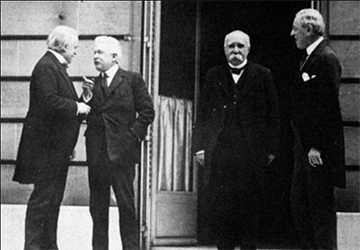 Paris Peace Conference, 1919, and a meeting between (left-to-right) Prime Ministers Lloyd George (GB), Orlando (IT), Clemenceau (FR), and President Woodrow Wilson (US).