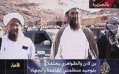 Still image taken from archive video shows top Bin Laden aide Ayman al-Zawahri and Osama Bin Laden at an unidentified location, but believed to be an al Qaeda base in Afghanistan, 21 May 2003.