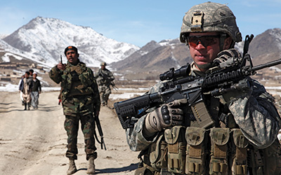 US soldiers on patrol with Afghan National Army members.